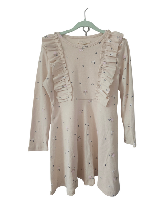 Cream Long-Sleeved Dress with Graceful Flower Pattern