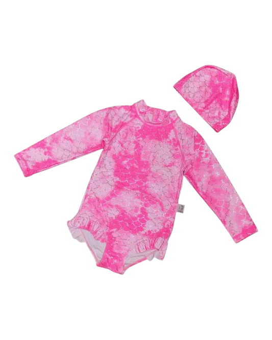 Mermaid Scale Patterned Long-Sleeved Swim Suit Set