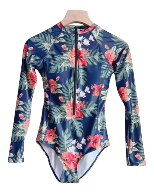 One-Piece Long-Sleeved Patterned Swimsuit