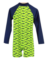 Neon Green Long-Sleeved Swimsuit with Shark Pattern