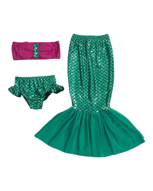Three-Piece Mermaid Swimwear with Pink Top