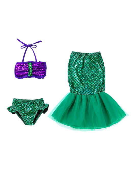 Three-Piece Mermaid Swimwear with Purple Top