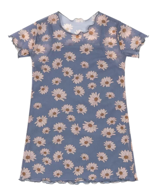 Blue Mesh Dress with Daisy Pattern