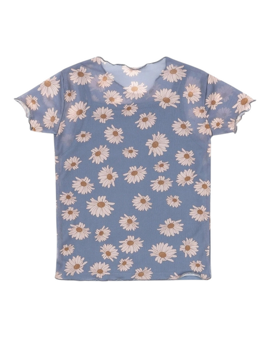 Blue Mesh T-Shirt with Daisy Pattern