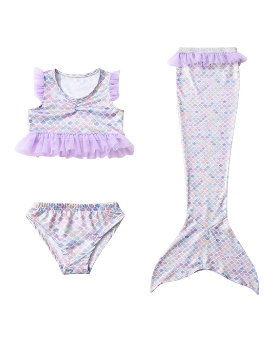 Three-Piece Pastel Ruffled Mermaid Swimwear