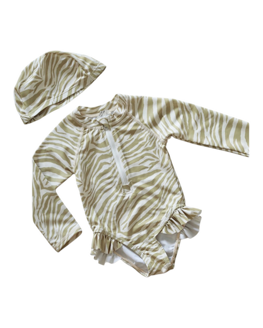 Yellow Zebra Patterned Swim Suit with cap