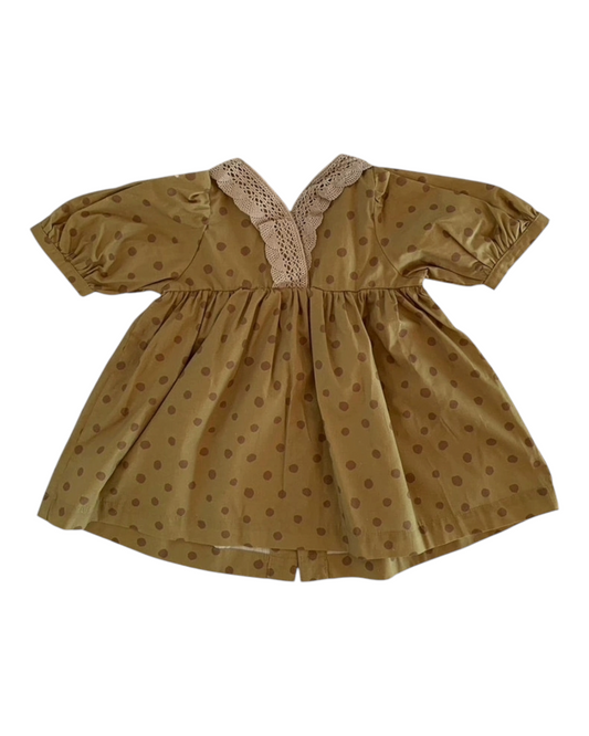 mustard yellow dress with polka dots and collar rim