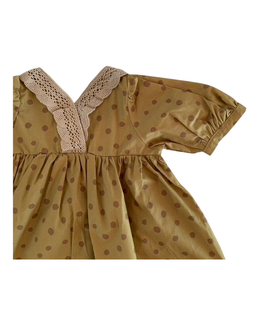 mustard yellow dress with polka dots and collar rim