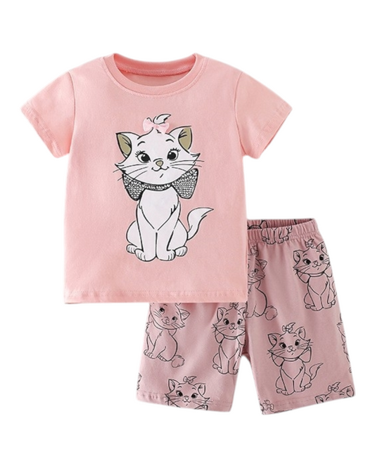 Pink Cat Patterned T-Shirt and Shorts Pyjama Set