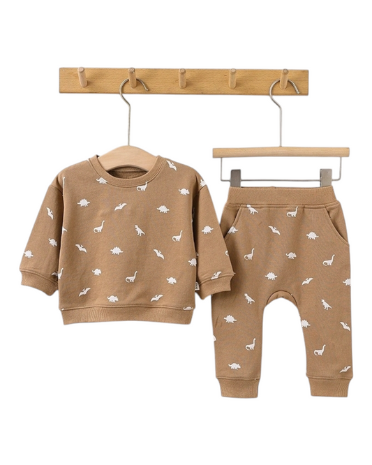 Brown Toddler Sweater and Pants Outfit Set with Dinosaur Pattern