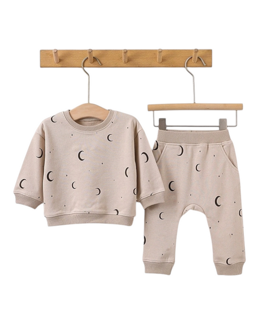 Beige Toddler Sweater and Pants Outfit Set with Moon Pattern