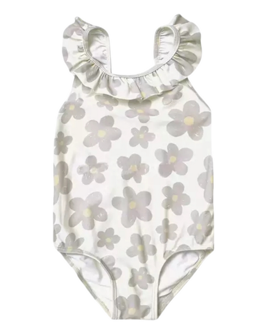 Swimsuit with Ruffled Collar and Flower Pattern