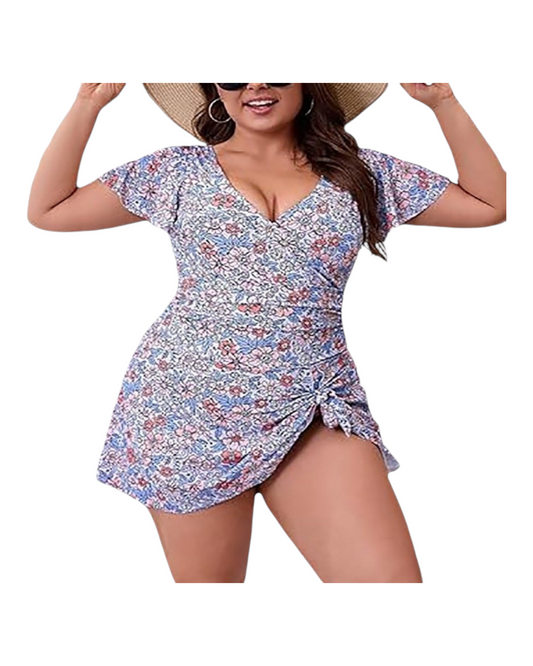 Floral One-Piece Swimsuit with Sleeves and Swim Skirt