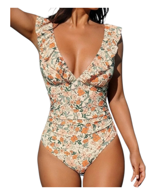 V-Neck Swimsuit with Ruffled Sleeves