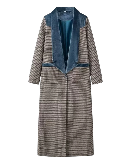 Long Checkered Overcoat with Blue Velvet Trim