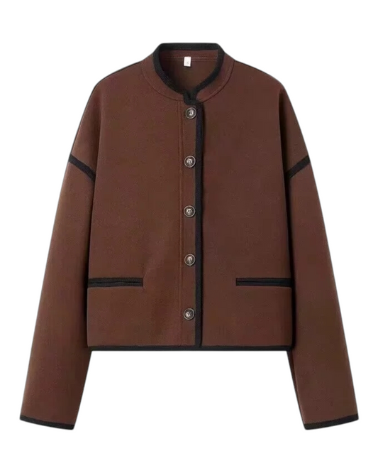 Brown Button-Up Coat with Black Trim