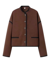 Brown Button-Up Coat with Black Trim