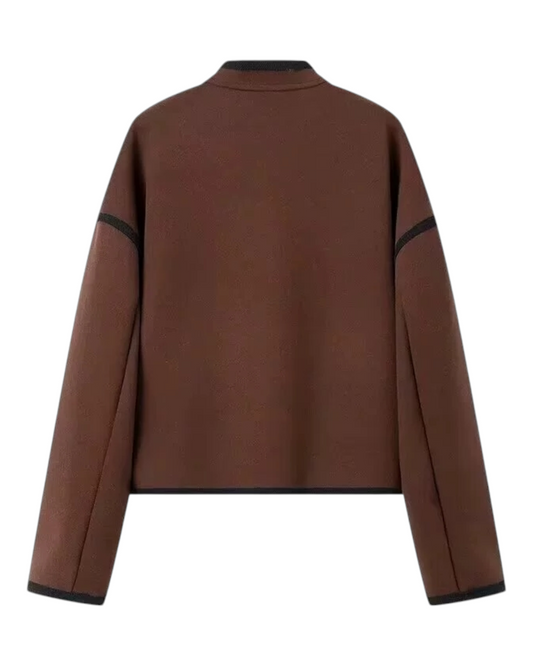 Brown Button-Up Coat with Black Trim