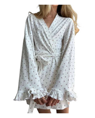 Short White Dressing Gown with Mini Heart Pattern