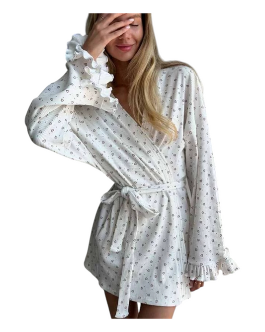 Short White Dressing Gown with Mini Heart Pattern