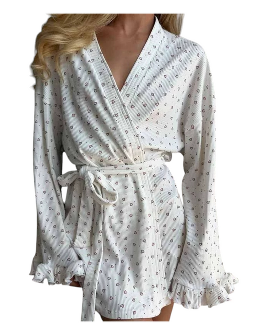 Short White Dressing Gown with Mini Heart Pattern