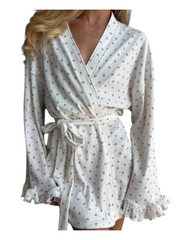 Short White Dressing Gown with Mini Heart Pattern