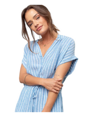 Striped Blue 100% Linen Summer Dress