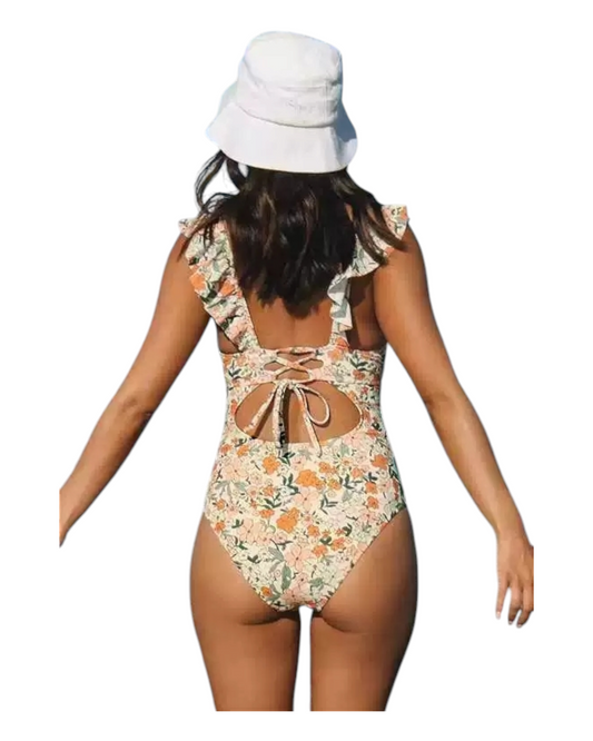 V-Neck Swimsuit with Ruffled Sleeves