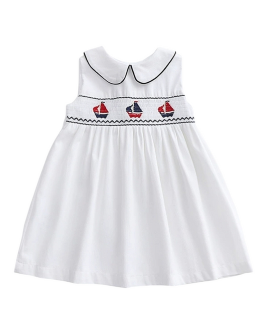Sleeveless White Collared Dress with Sailboat Belt