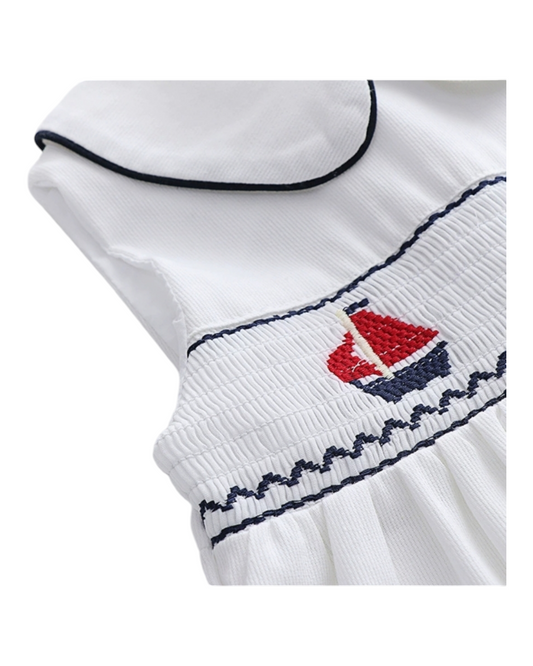 Sleeveless White Collared Dress with Sailboat Belt