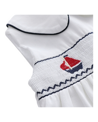 Sleeveless White Collared Dress with Sailboat Belt