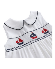 Sleeveless White Collared Dress with Sailboat Belt