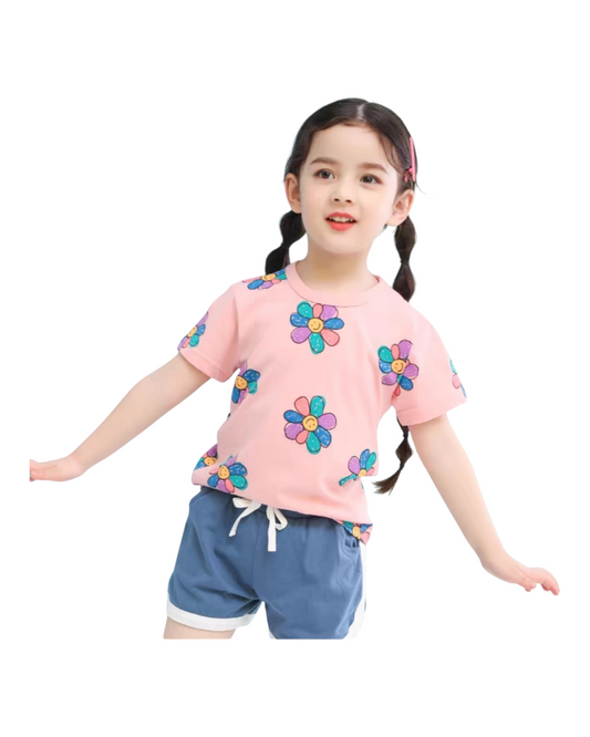 Pink T-Shirt with Rainbow Flower Pattern