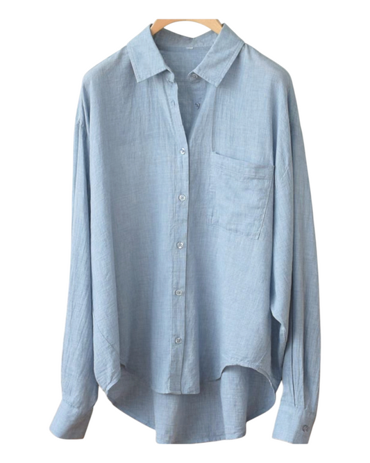 Long Blue Button-Up Shirt