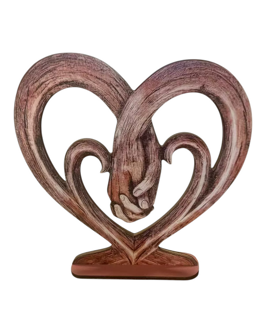 Wood Heart Hands Art Sculpture with Stand