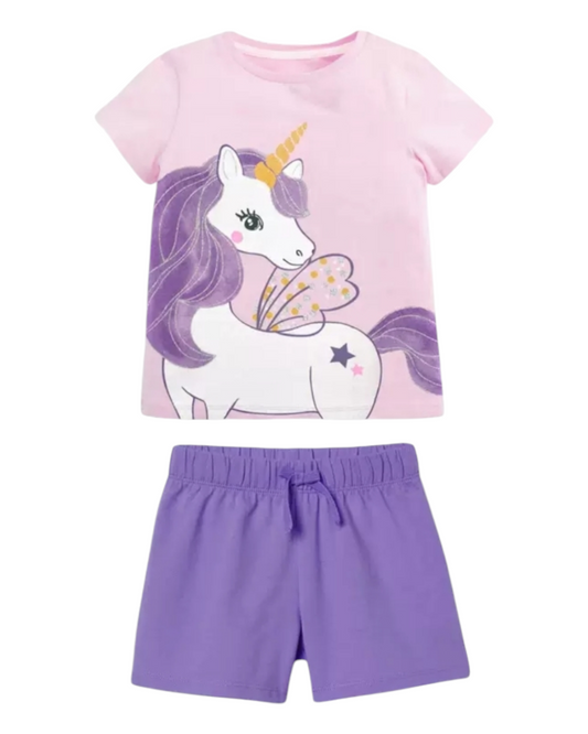 Girls' Cotton Unicorn T-Shirt and Shorts Pyjama Set