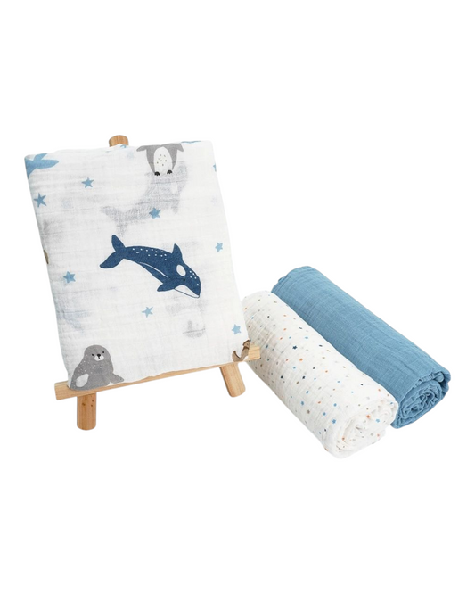 Three-Piece Patterned 100% Cotton Baby Wrap Blanket