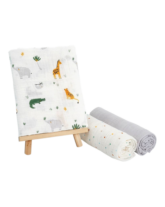 Three-Piece Patterned 100% Cotton Baby Wrap Blanket