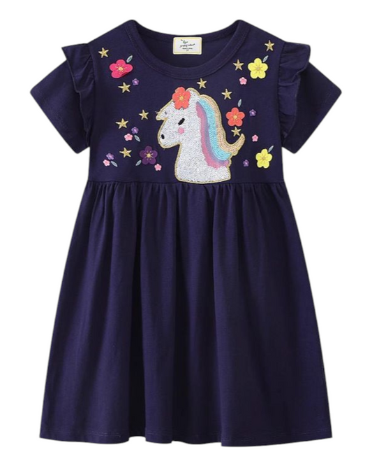 Girls' Dress with Sequin Unicorn and Flower Design