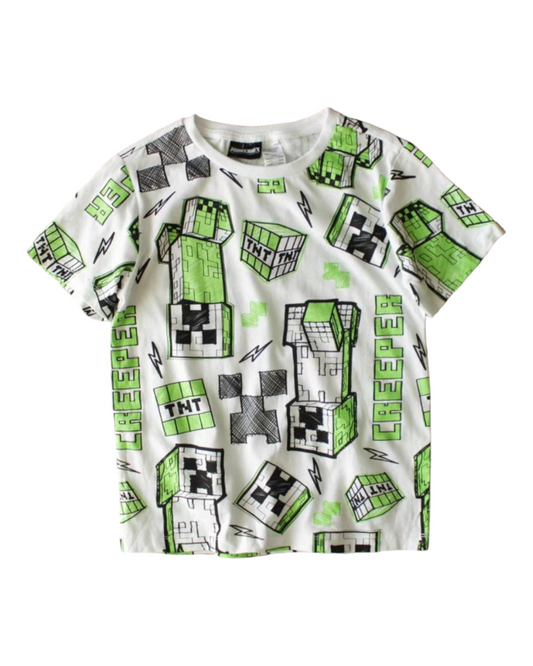 White and Green Minecraft T-Shirt with Creeper Pattern