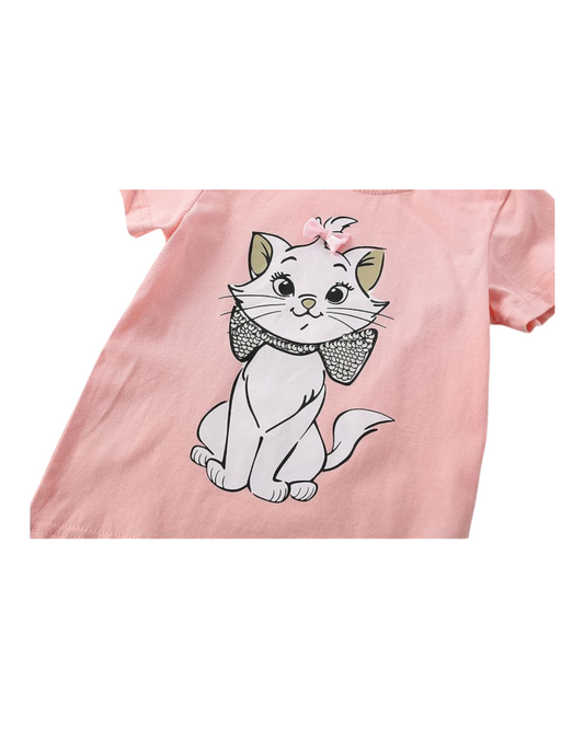 Pink Cat Patterned Cotton T-Shirt and Shorts Pyjama Set