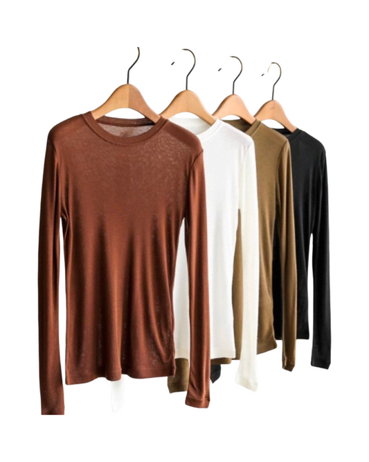Soft Wool Silk Crewneck Thermal Shirt Women Long Sleeve Knit Top