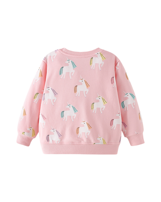 Long Sleeve Unicorn Print Sweatshirt For Girls Featuring Ribbed Cuffs and Hem