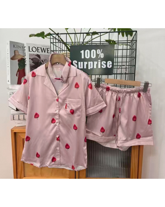 Women’s Pink Short Sleeve Sleepwear Set with Eye Mask Set – Soft & Lightweight