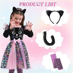 Sparkly Black Kitten & Girls Cosplay Dress Up Set - Halloween Outfit with Accessories