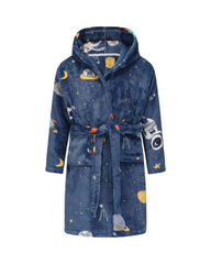 Soft Plush Kids Space Printed Dressing Gown - Fleece Bathrobe with Hood