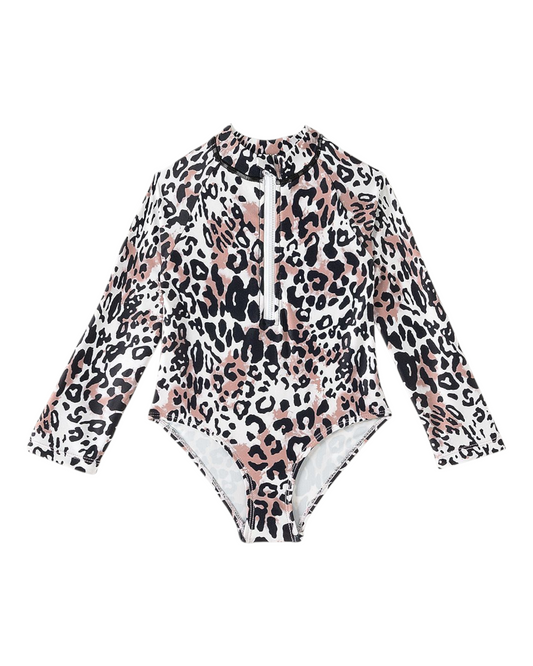 Long-Sleeved Patterned One-Piece Zip-Up Swimsuit
