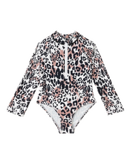 Long-Sleeved Patterned One-Piece Zip-Up Swimsuit