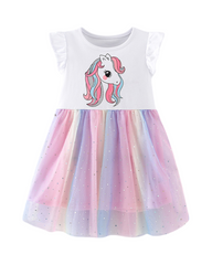 Girls Unicorn Rainbow Tulle Flutter Sleeve Dress