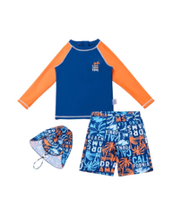 Boys' 3-Piece Swimsuit Trunk Rashguard Set and Sun Hat Swimwear